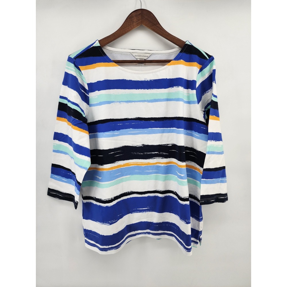 Christopher & Banks Women XL Blue White Striped 3/4 Sleeve Boatneck Top NEW